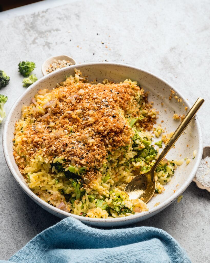 half eaten Cheddar Broccoli Orzo with Everything Bagel Spice Mix Breadcrumbs