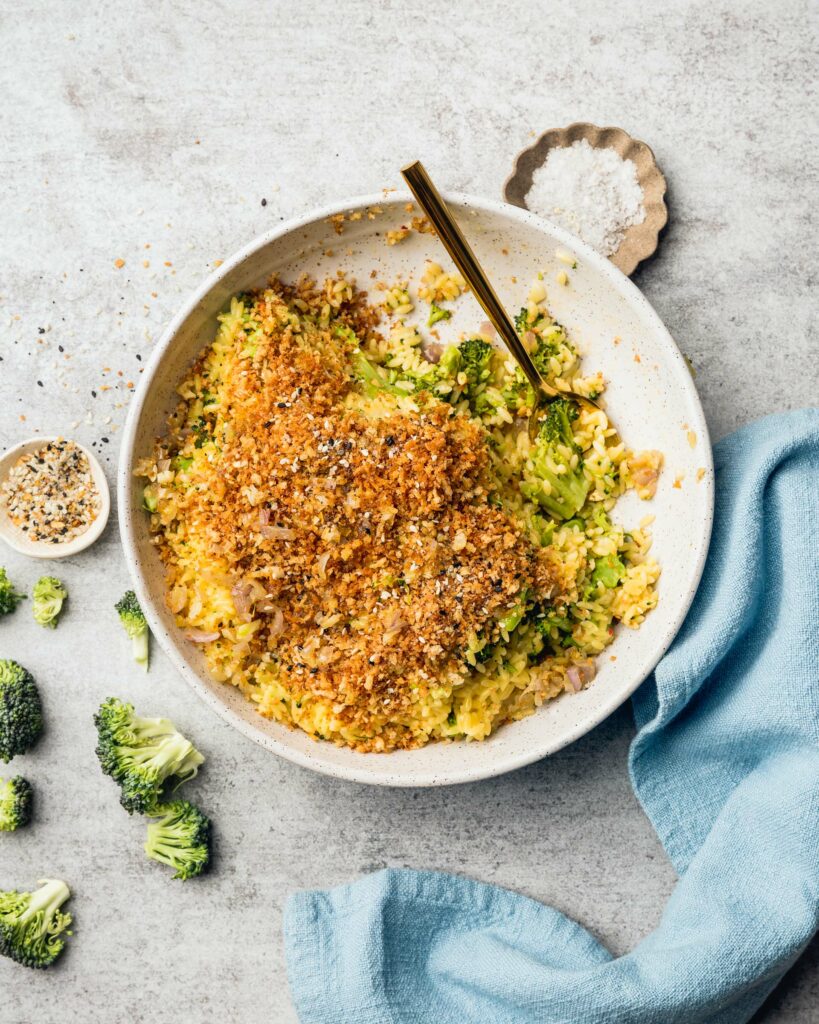 table with Cheddar Broccoli Orzo with Everything Bagel Spice Mix Breadcrumbs