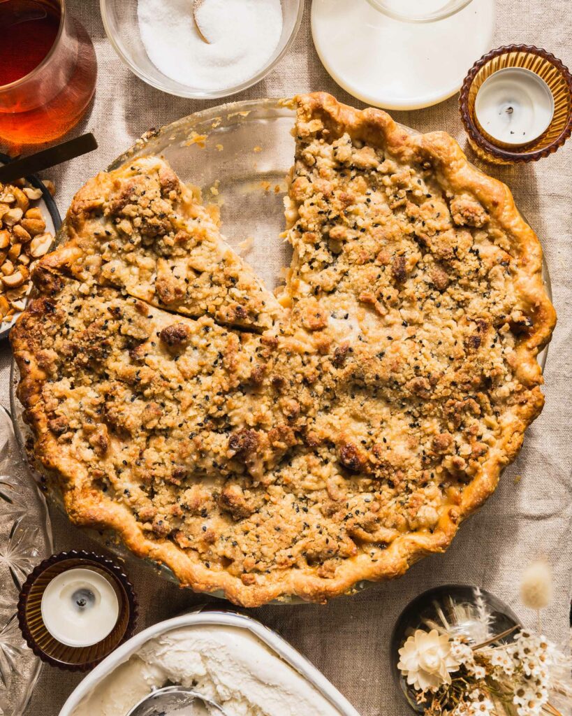 close up of Apple Black Sesame and Cardamom Pie