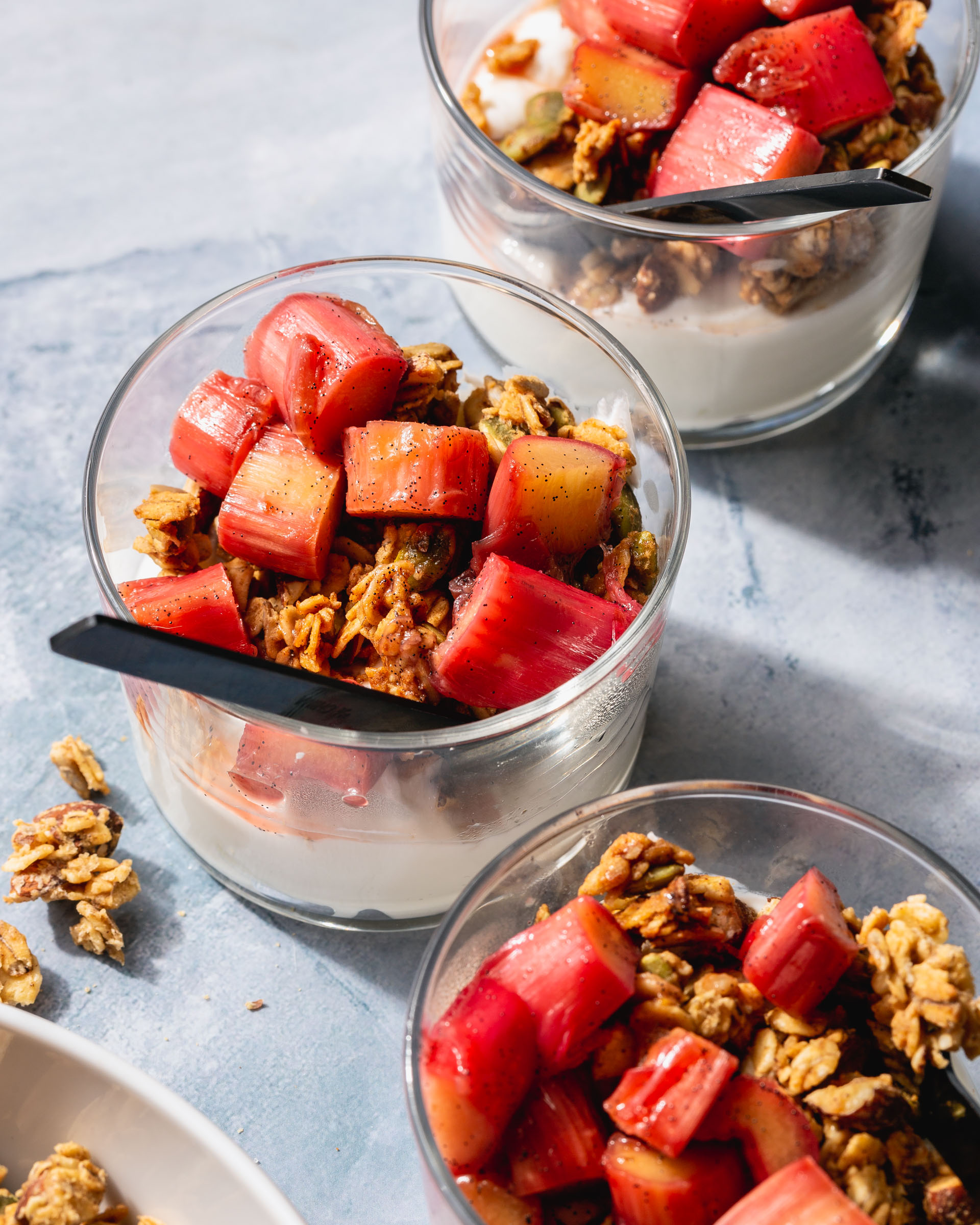 granola bowl with stewed rhubarb