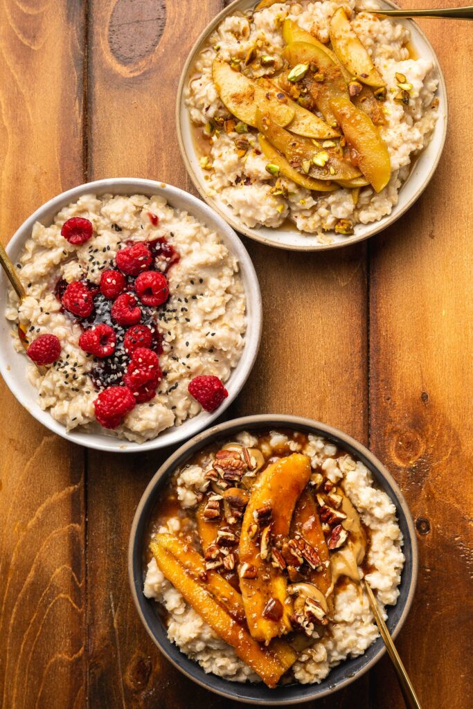 three bowls of oatmeal