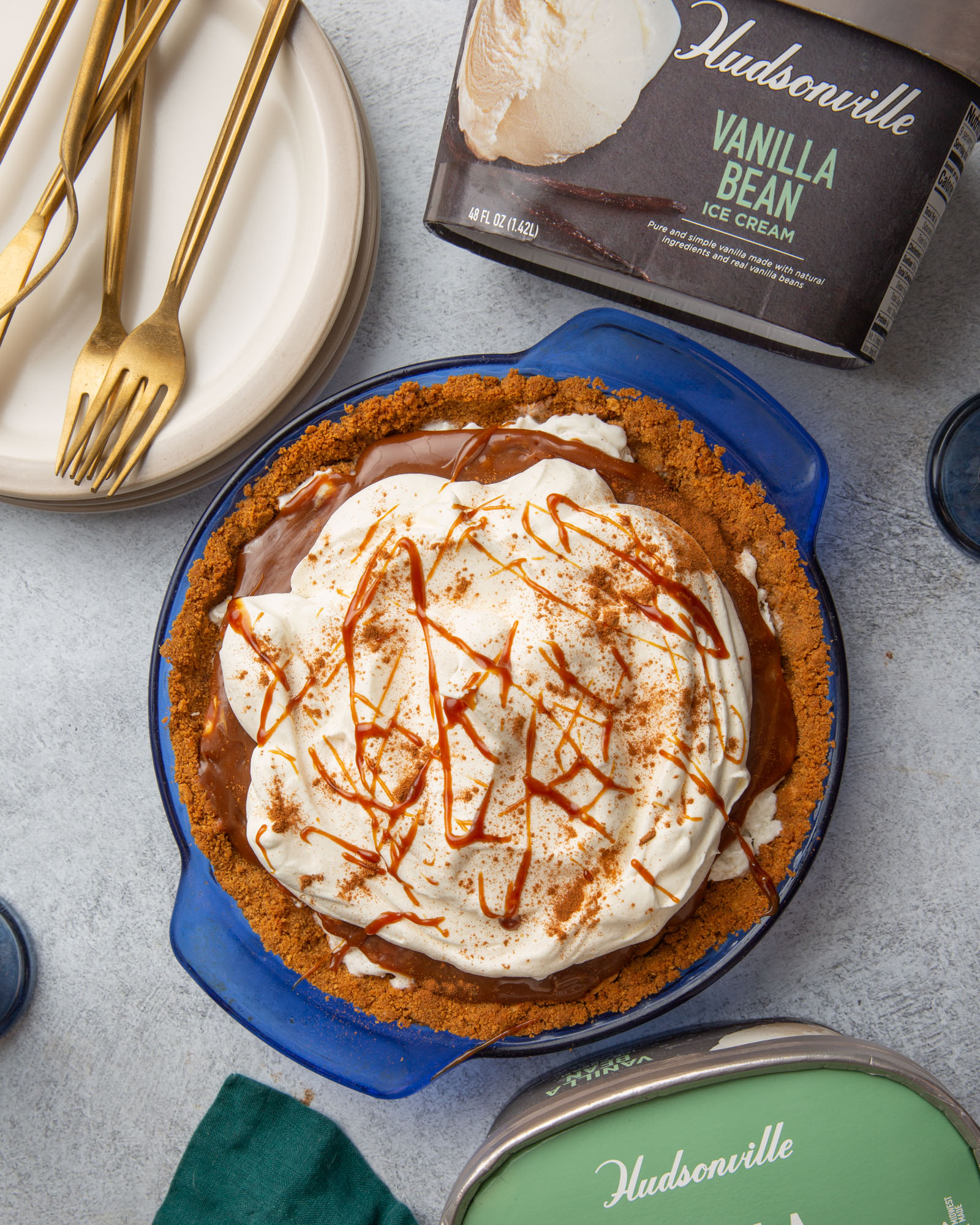 Buttered Rum Ice Cream Pie with butterscotch drizzle