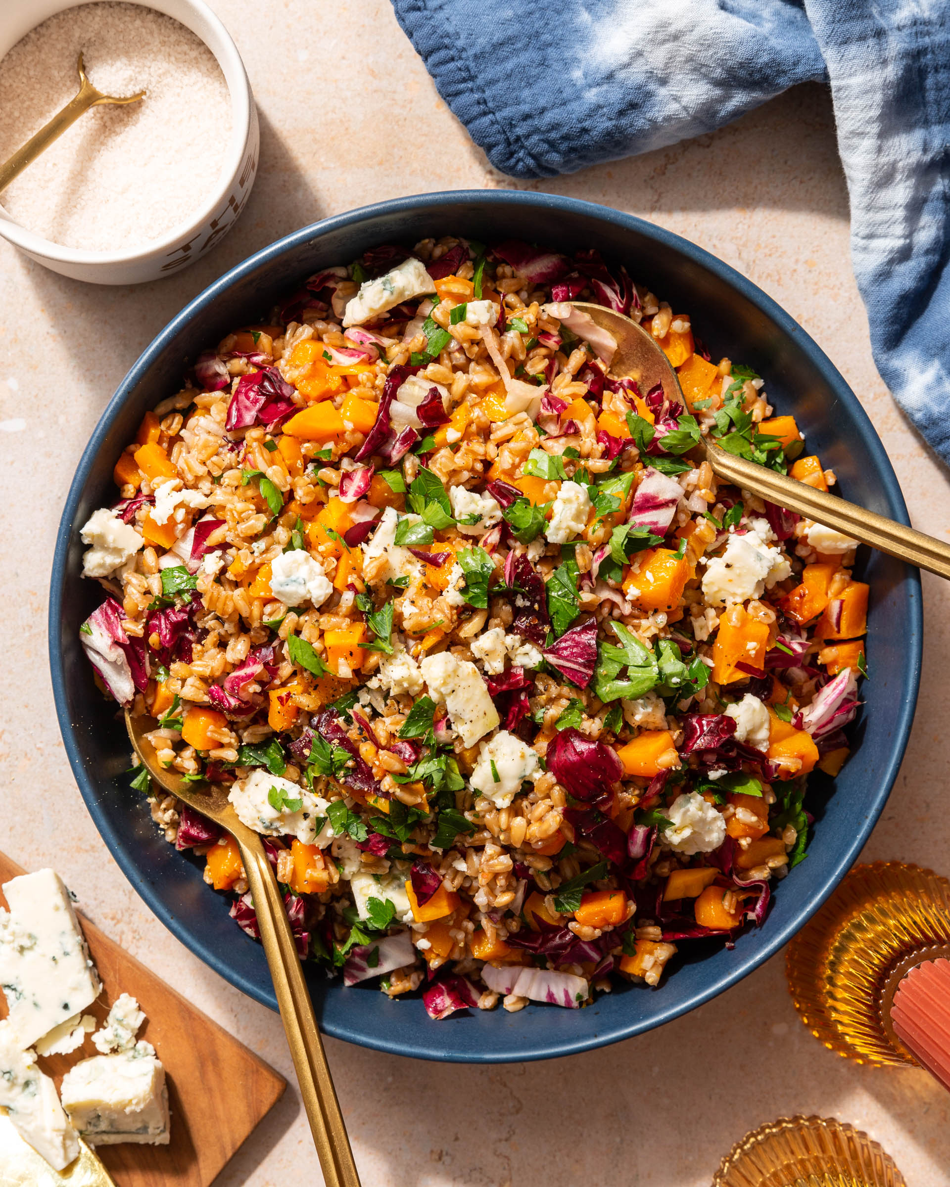 serving bowl of Farro Salad with Butternut Squash, Radicchio, and Blue Cheese