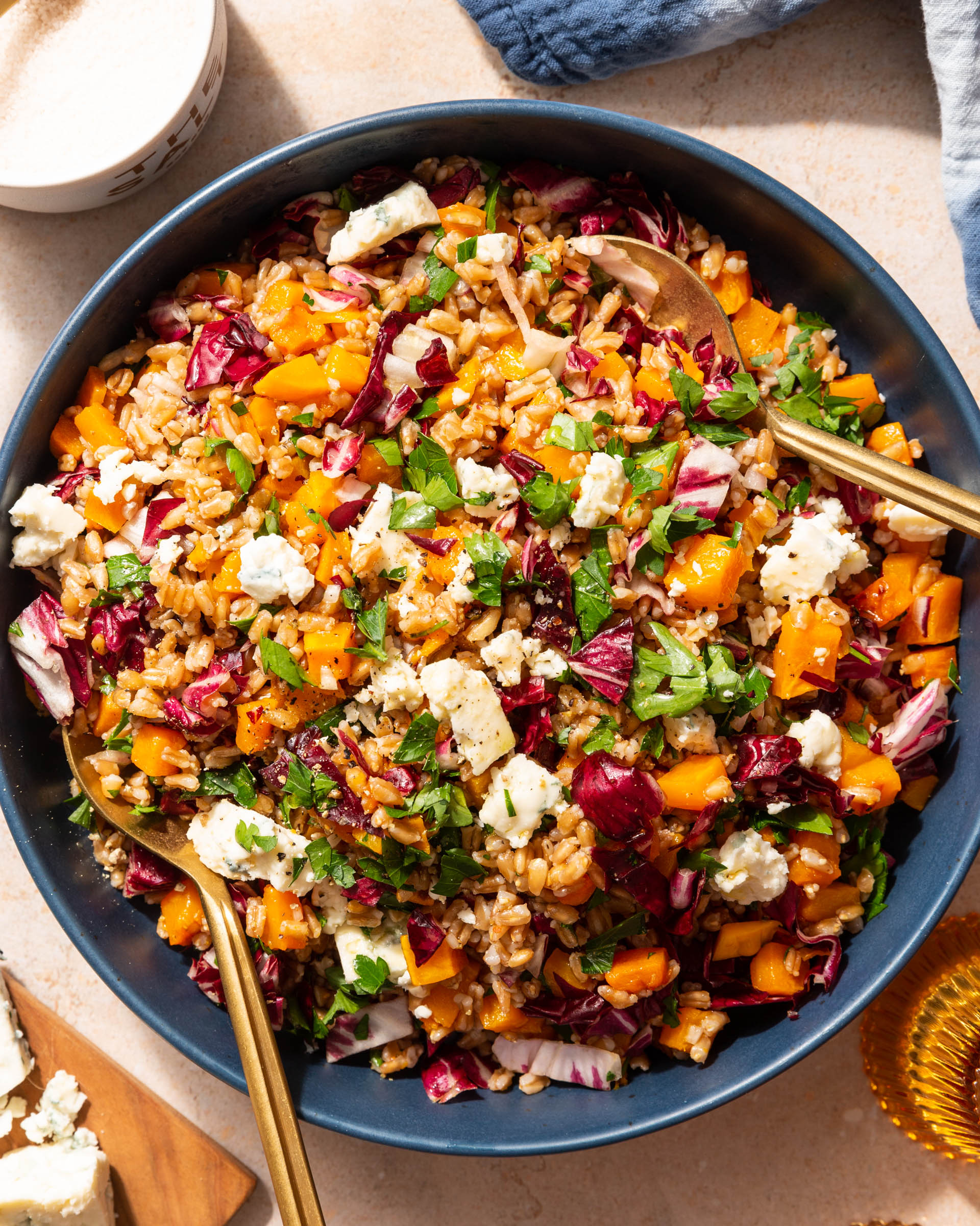 close up of Farro Salad with Butternut Squash, Radicchio, and Blue Cheese