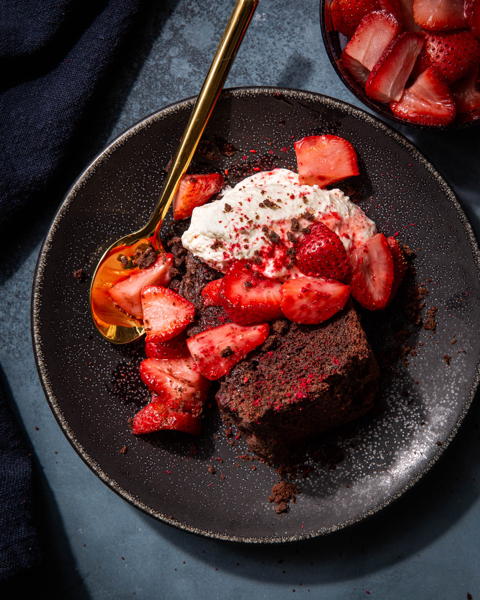 Chocolate Rosemary Snack Cake with Mascarpone Whip & Roasted Strawberries